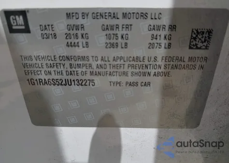 2018 Chevrolet Volt Lt из США, поврежденный, VIN 1G1RA6S52JU132275